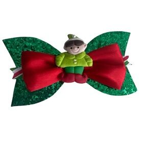 Festive Green and Red Bow with Elf Accent
